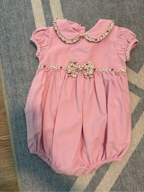Little English Pink Bubble Romper with Floral Trim